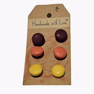 Handmade with Love Button Earrings Waffle Weave Fabric Texture Post 3 Pairs Stud